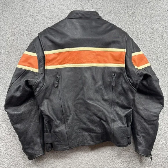 MOB Leather Jacket Mens Medium Black Orange Stripe Premium Cowhide Distressed